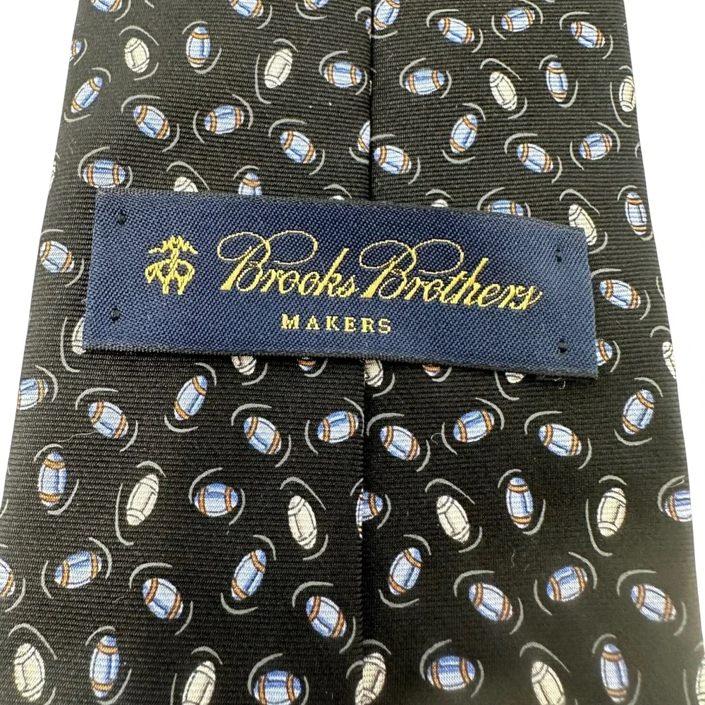 Brooks Brothers Makers Mens Silk Tie Black Football Pattern Printed Italy USA